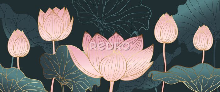 Fototapete Luxurious background design with golden lotus. Lotus flowers line arts design for wallpaper, natural wall arts, banner, prints, invitation and packaging design. vector illustration.