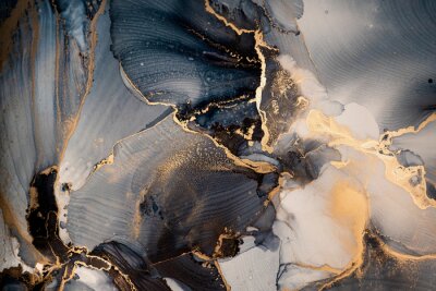 Fototapete Luxury abstract fluid art painting in alcohol ink technique, mixture of dark blue, gray and gold paints. Imitation of marble stone cut, glowing golden veins. Tender and dreamy design.