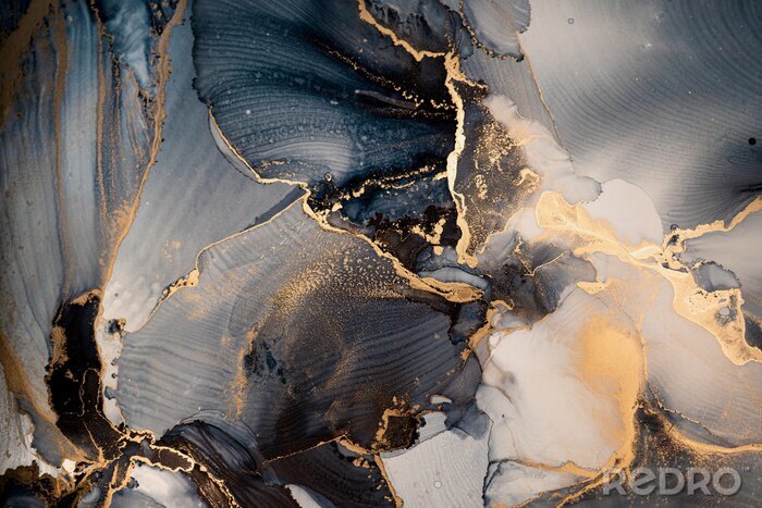 Fototapete Luxury abstract fluid art painting in alcohol ink technique, mixture of dark blue, gray and gold paints. Imitation of marble stone cut, glowing golden veins. Tender and dreamy design.