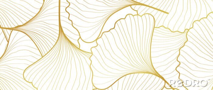 Fototapete Luxury Gold Ginkgo line arts Background design vector.