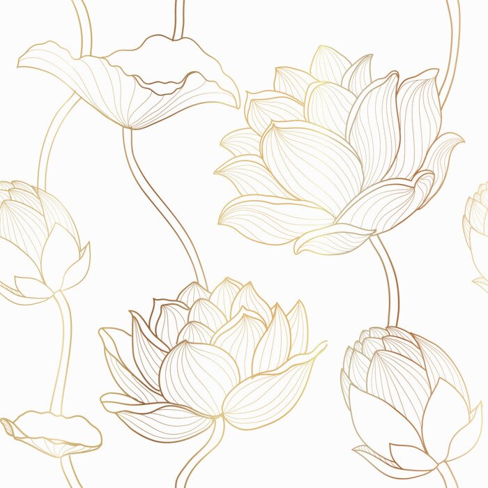 Fototapete Luxury lotus seamless wallpaper design vector, Gold lotus line flowers seamless pattern for packaging background, print