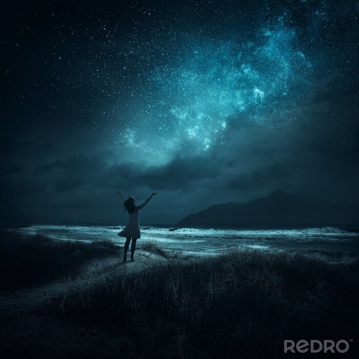 Fototapete Mädchen und Sternenhimmel