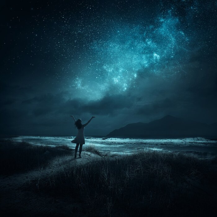 Fototapete Mädchen und Sternenhimmel
