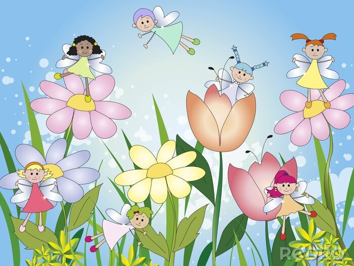 Fototapete Märchenfeen auf Blumen