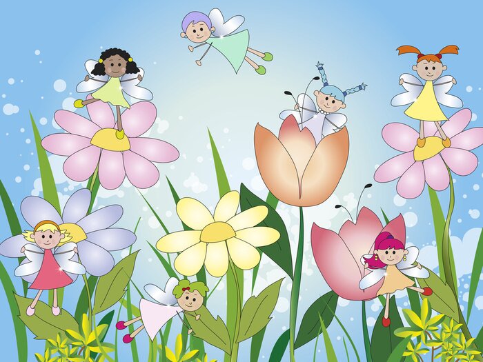 Fototapete Märchenfeen auf Blumen