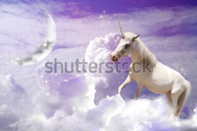 Fototapete Magic unicorn in fantastic sky with fluffy clouds and crescent 