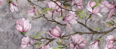 Fototapete magnolia branch on a textured background, pastel colors and black accents, photo wallpaper in a room or home interior