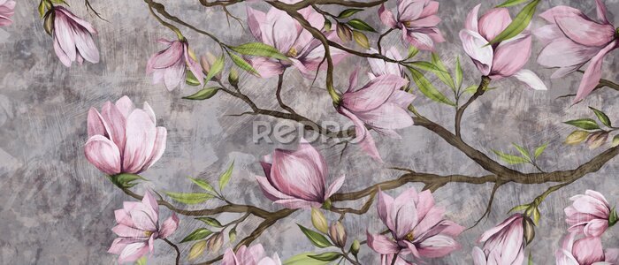 Fototapete magnolia branch on a textured background, pastel colors and black accents, photo wallpaper in a room or home interior