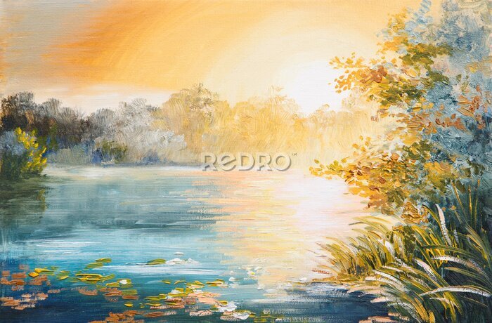 Fototapete Malerei - Sonnenuntergang auf dem See