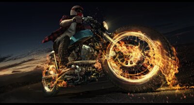 Fototapete Man reitet sein Motorrad auf der Straße. Flamme und Feuer