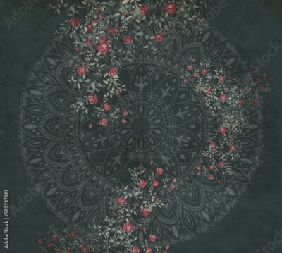 Fototapete Mandala auf grünem Hintergrund zwischen Rosen