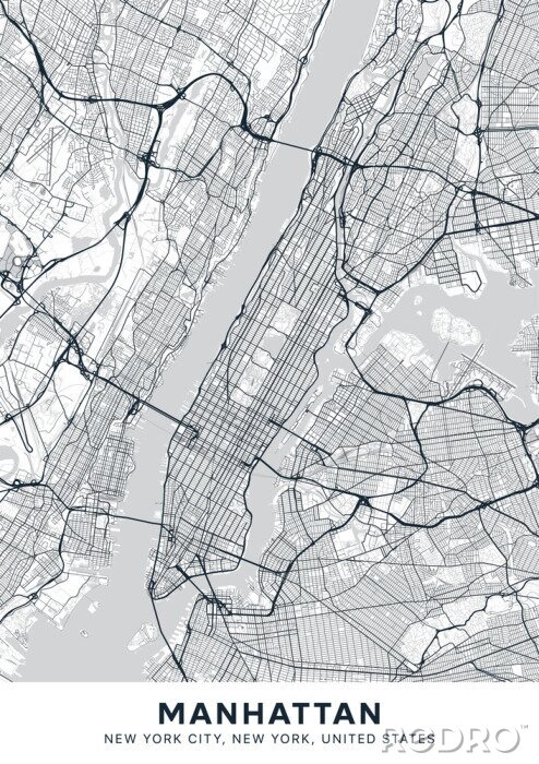 Fototapete Manhattan map. Light poster with map of Manhattan borough (New York, United States). Highly detailed map of Manhattan with water objects, roads, railways, etc. Printable poster.