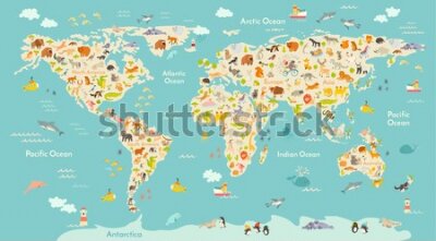 Fototapete Map animal for kid. Continent of world, animated child's map. Vector illustration animals poster, drawn Earth. Continents and sea life. South America, Eurasia, North America, Africa and Australia