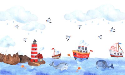 Fototapete Marine composition of watercolor elements with a lighthouse, seagulls, sea, whale, ships, seagulls, stars, clouds and waves. Great for decorating holidays, postcards, textiles, children’s stickers and