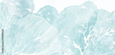 Fototapete Marines Muster mit Korallen und Fischen in Blau