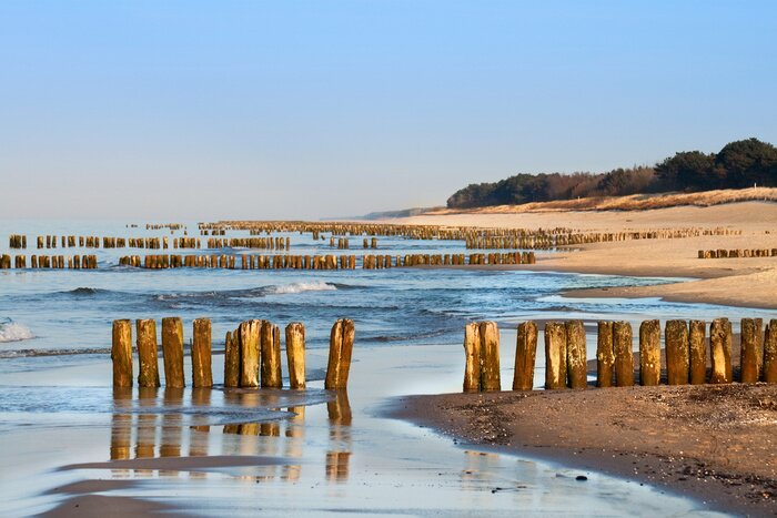 Fototapete Meer Wellen und hölzerner Wellenbrecher