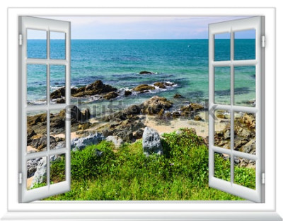 Fototapete Meerblick aus dem Fenster auf der Insel des sonnigen Sommertages