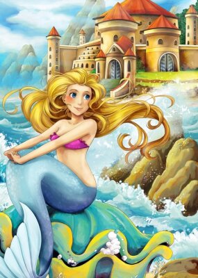 Fototapete Meerjungfrau auf Festland mit Schloss im Hintergrund
