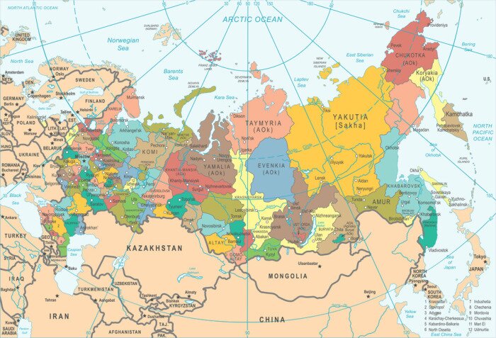 Fototapete Mehrfarbige Karte der Regionen Russlands