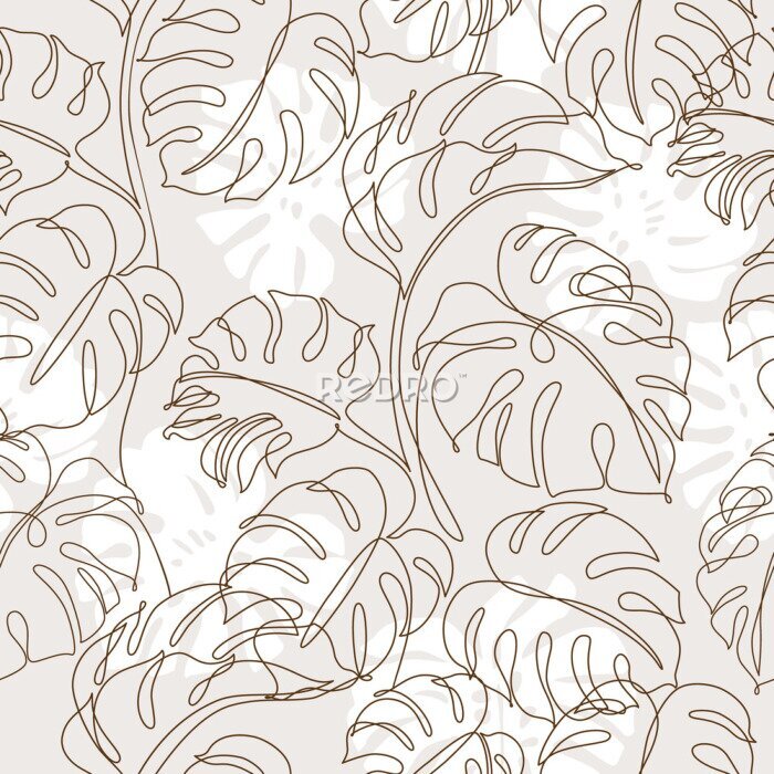 Fototapete Minimal tropical art. Tropical monstera leaves silhouette and line art on pastel beige background