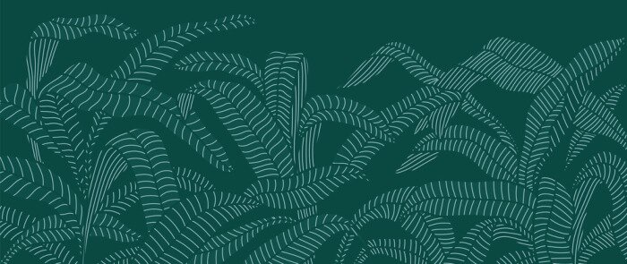 Fototapete Minimalistische Skizze von Blättern auf dunkelgrünem Hintergrund