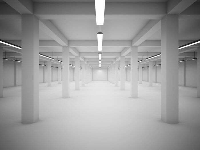 Fototapete Minimalistischer weißer Tunnel mit Lampen