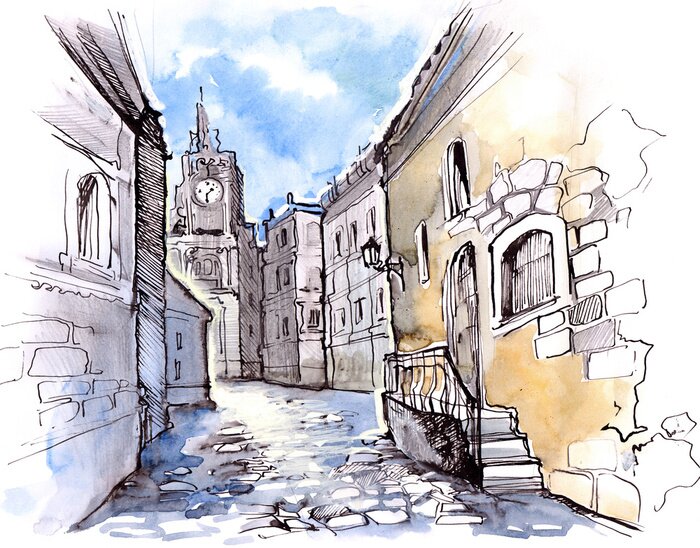 Fototapete Mit Aquarell gemalte London-Altstadt