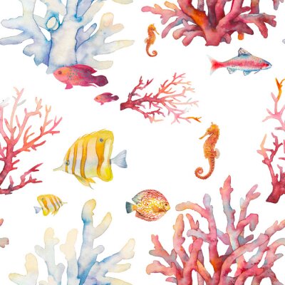 Fototapete Mit Aquarellfarbe gemaltes Korallenriff