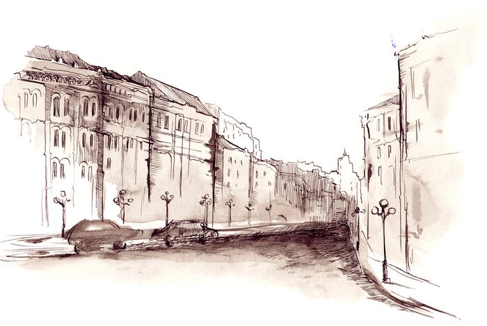 Fototapete Mit Aquarellfarben gemalte Straße