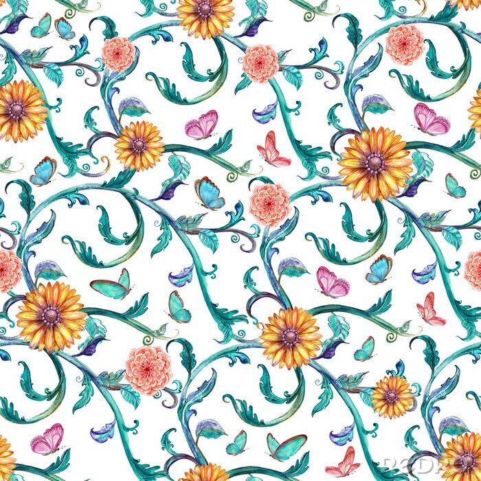 Fototapete Mode nahtlose Textur mit fancy Blumenmuster. Wasserfarbe p