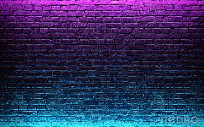 Fototapete Modern futuristic neon lights on old grunge brick wall room background. 3d rendering