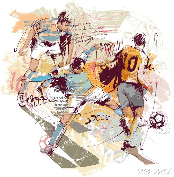 Fototapete Moderne Zeichnung von Fußballspielern während eines Spiels