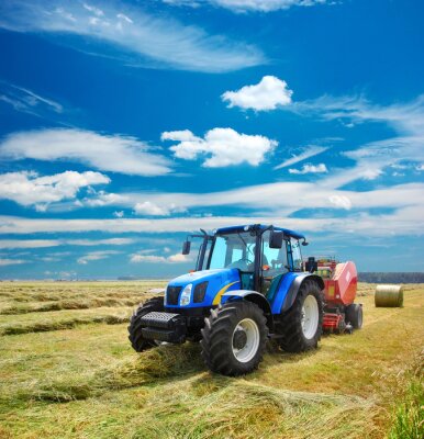 Fototapete Moderner blauer Traktor mit Anhänger
