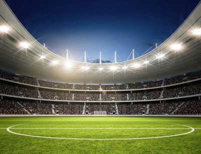 Fototapete Modernes Fußballstadion bei Nacht Blick vom Spielfeld