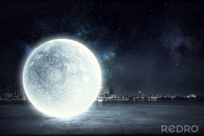 Fototapete Mond bei Nacht mit Stadtlandschaft im Hintergrund