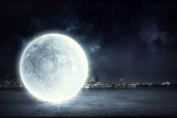 Fototapete Mond bei Nacht mit Stadtlandschaft im Hintergrund