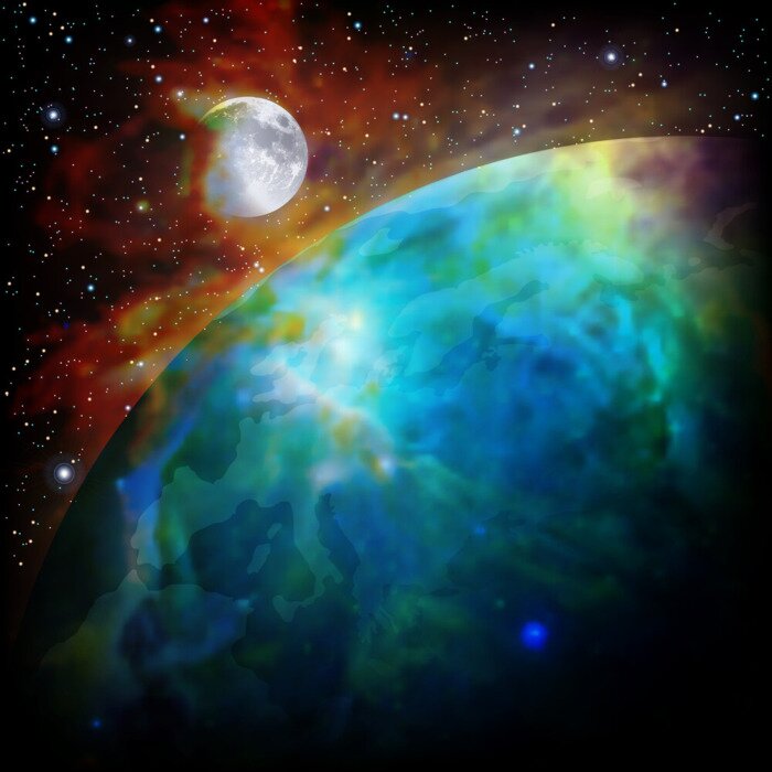 Fototapete Mond und Erde in Galaxie