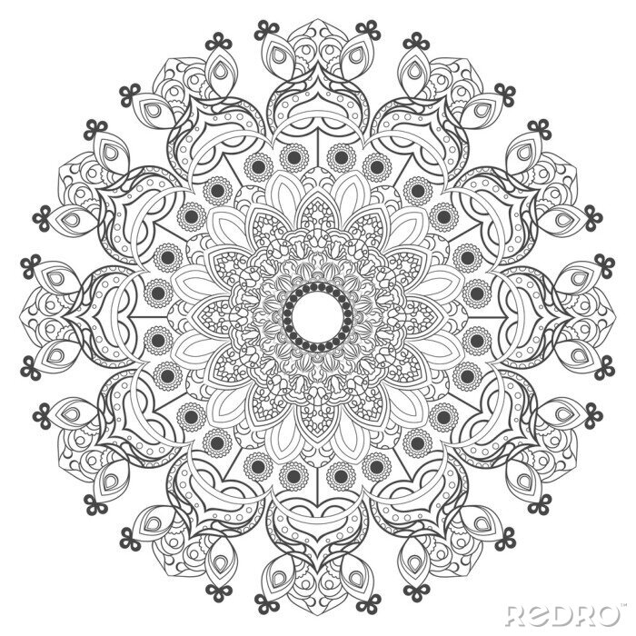 Fototapete Monochromes Mandala auf weißem Hintergrund