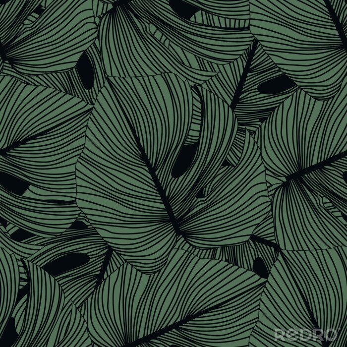 Fototapete Monstera hinterlässt ein nahtloses Muster auf schwarzem Hintergrund. Tropisches Muster, botanischer Blatthintergrund