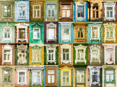 Fototapete Mosaik aus rustikalen Hausfenstern