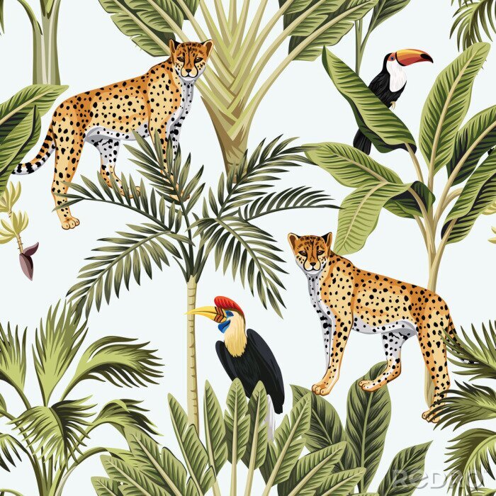 Fototapete Mosaik aus tropischen Tieren und Blättern