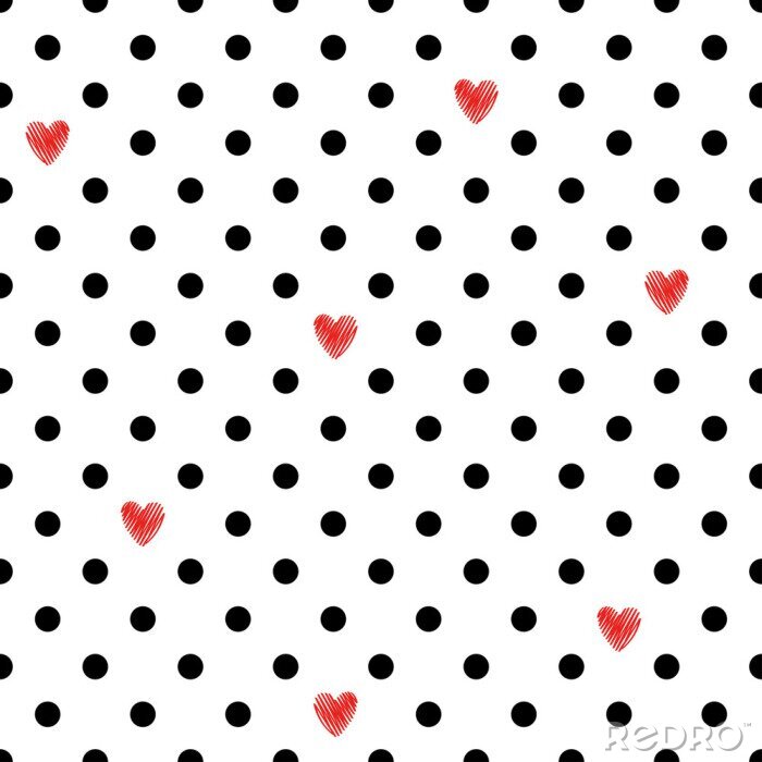 Fototapete Motiv mit schwarz-weißen Punkten und roten Herzen