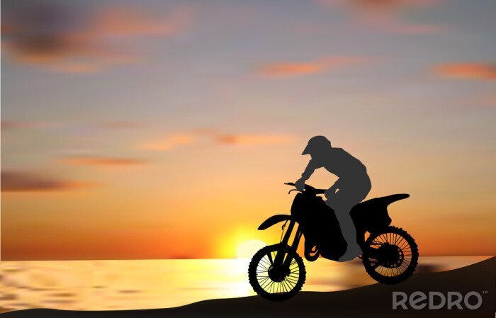 Fototapete Motorradfahrer im Hintergrund eines Sonnenuntergangs