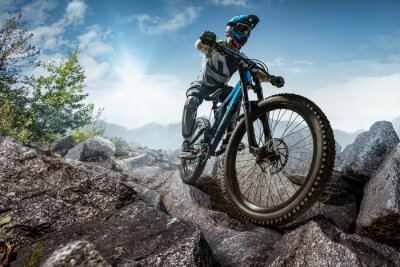 Fototapete Mountain biker on stone trail