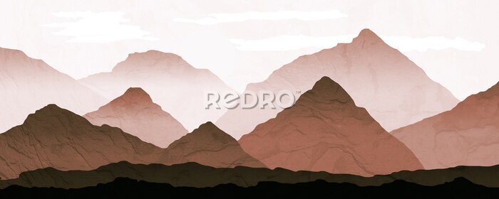 Fototapete Mountain Landscape illustration with distant mist. Processed in warm graduated brown and rust tones, with background texture.