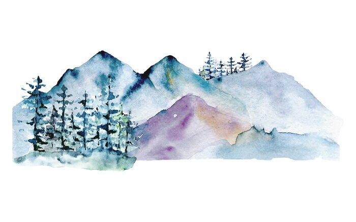 Fototapete Mountains, forest nature landscape. Watercolor wildlife. Perfectly for tourism and outdoor design. Hand painting sketch scenery. Illustration isolated on white background. 