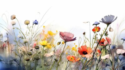 Fototapete Multicolored wildflowers watercolor field drawing summer. generative ai