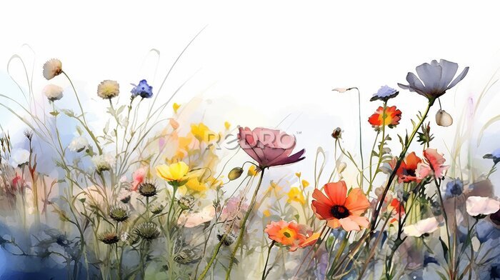 Fototapete Multicolored wildflowers watercolor field drawing summer. generative ai