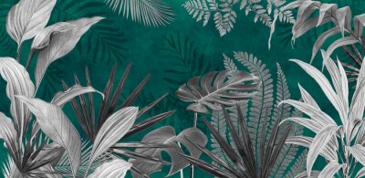 Fototapete Mural for the walls. Photo wallpapers for the room. Tropical leaves on a green background in the grunge style.