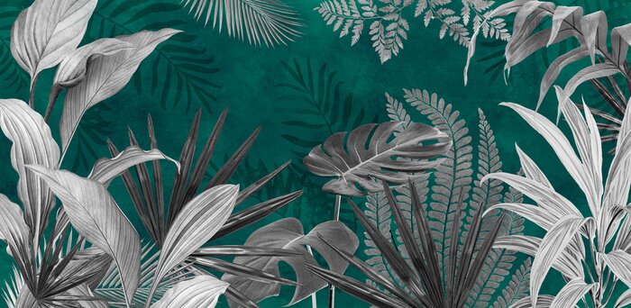 Fototapete Mural for the walls. Photo wallpapers for the room. Tropical leaves on a green background in the grunge style.